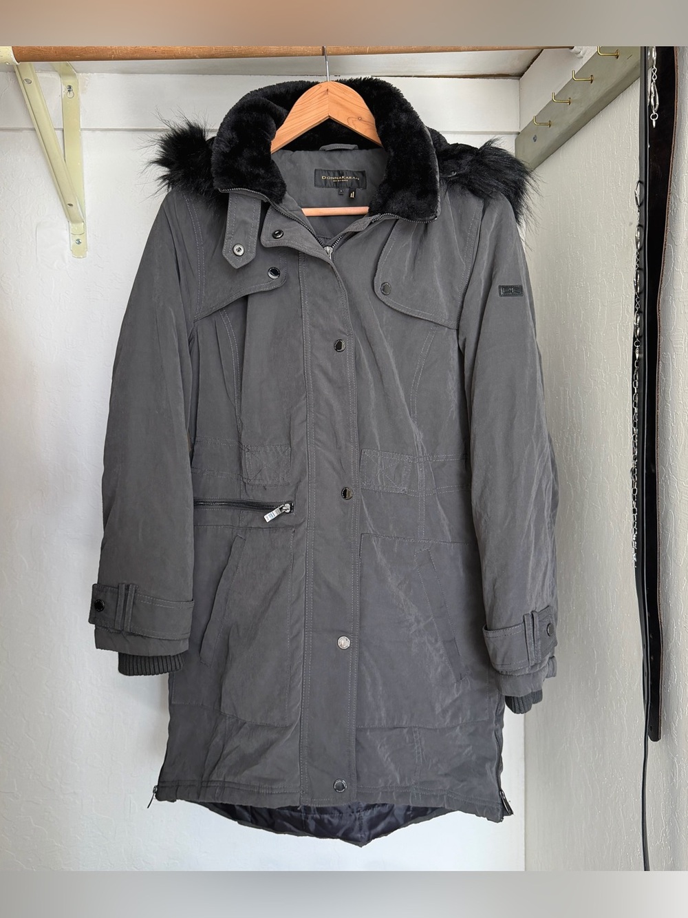 Donna Karan Black Fur-Trim Puffer Parka